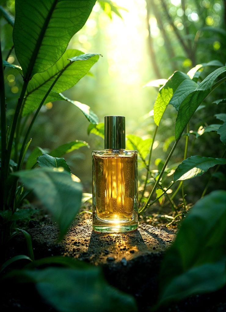 Bottle of perfume surrounded by green leaves